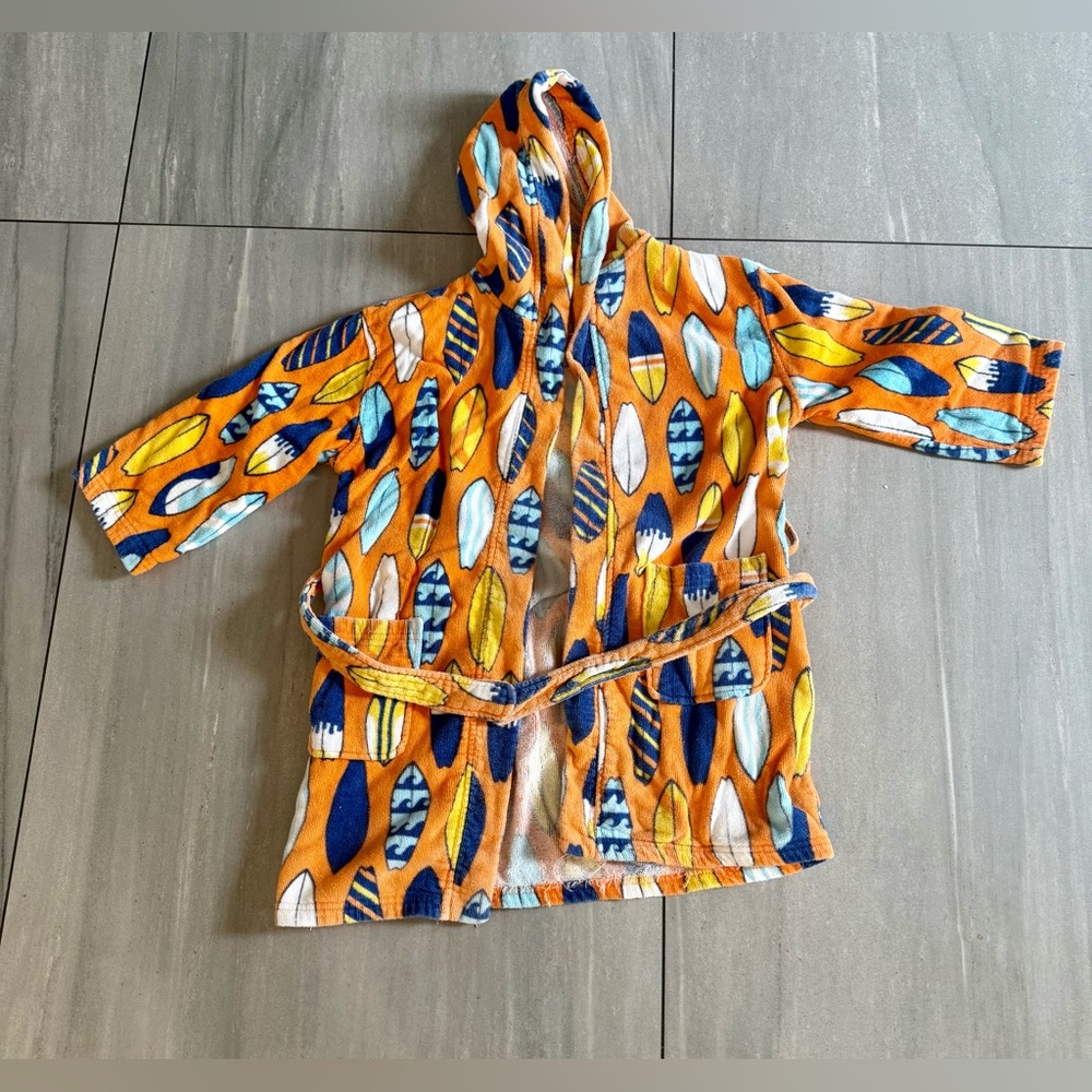Kids Orange Hooded Swim Robe with Surfboard Print